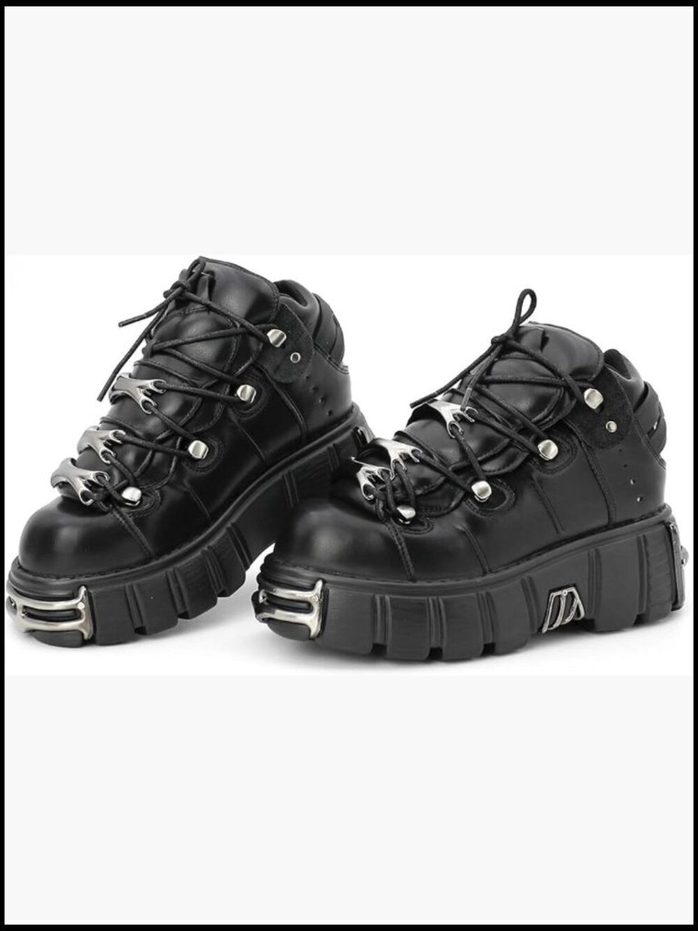 Metal Platform Goth Boots Punk Style Lace-up Combat Boots Ankle Bootie Biker